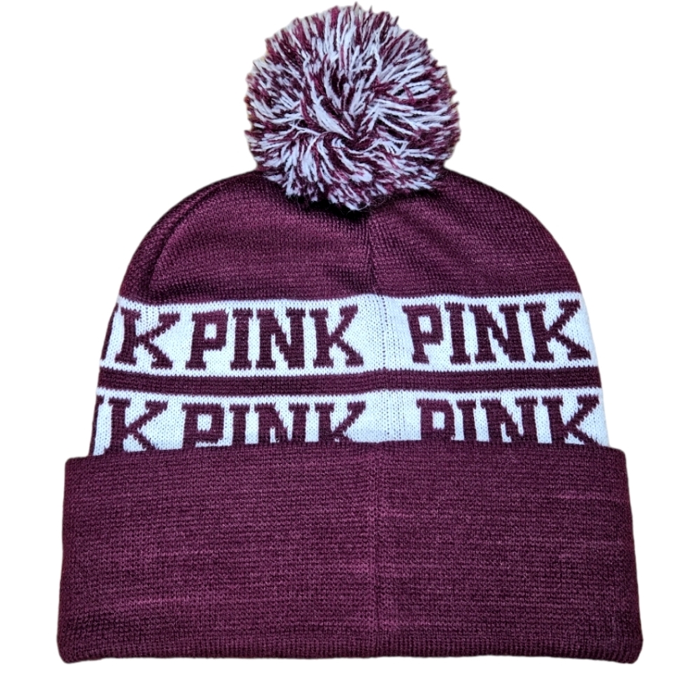 Victoria's Secret PINK NATION Pom Pom Maroon Knit Beanie